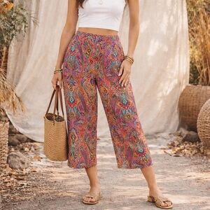 Grace Elements Silk Paisley Capri Pant 14 Colorful Vibrant Retro Boho Resortwear